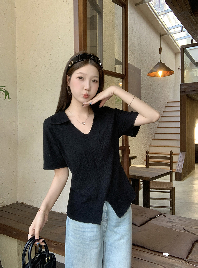 2026 Summer Plus Size Women's Slimming Ruffle Trim Short Sleeve T-Shirt with Lapel Collar - Style 6690bf - Image 2