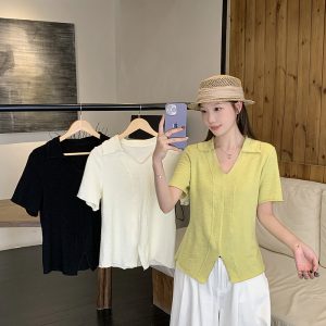 2026 Summer Plus Size Women's Slimming Ruffle Trim Short Sleeve T-Shirt with Lapel Collar - Style 6690bf