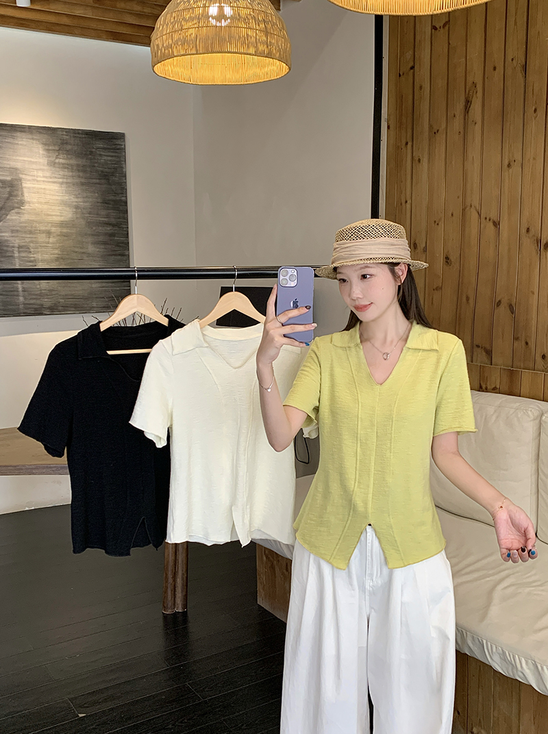 2026 Summer Plus Size Women's Slimming Ruffle Trim Short Sleeve T-Shirt with Lapel Collar - Style 6690bf