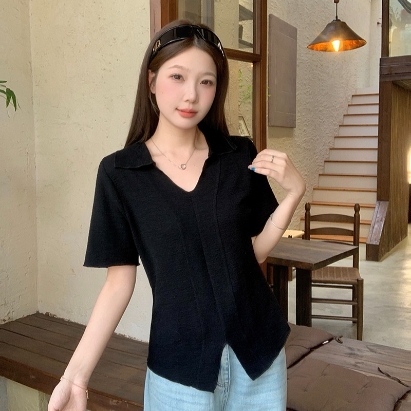 2026 Summer Plus Size Women's Slimming Ruffle Trim Short Sleeve T-Shirt with Lapel Collar - Style 6690bf - Image 5