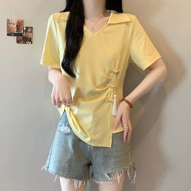 Plus Size Women's Chinese Style Buttoned Collar Asymmetric Short Sleeve T-Shirt Summer 2026 - Image 3