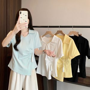 Plus Size Women Chinese Style Button Collar Asymmetric Short Sleeve T-Shirt Summer 2026