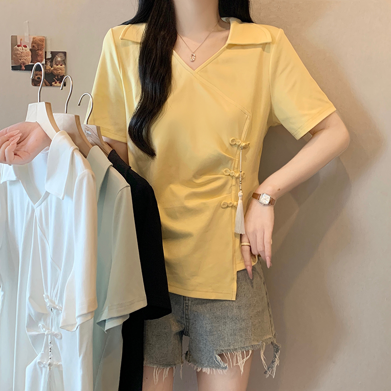 Plus Size Women's Chinese Style Buttoned Collar Asymmetric Short Sleeve T-Shirt Summer 2026