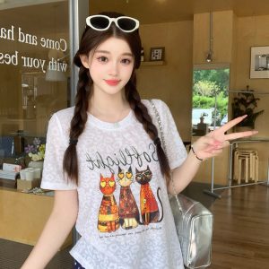 Plus Size Women's Summer 2026 Cartoon Print Round Neck Loose Short Sleeve T-Shirt