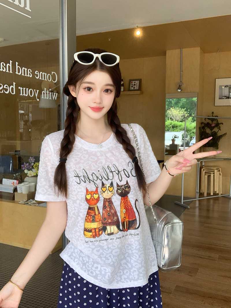 Plus Size Women's Summer 2026 Cartoon Print Round Neck Loose Short Sleeve T-Shirt