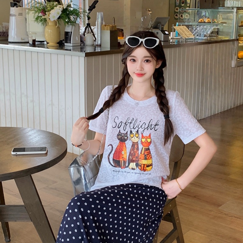 Plus Size Women's Summer 2026 Cartoon Print Round Neck Loose Short Sleeve T-Shirt - Image 5