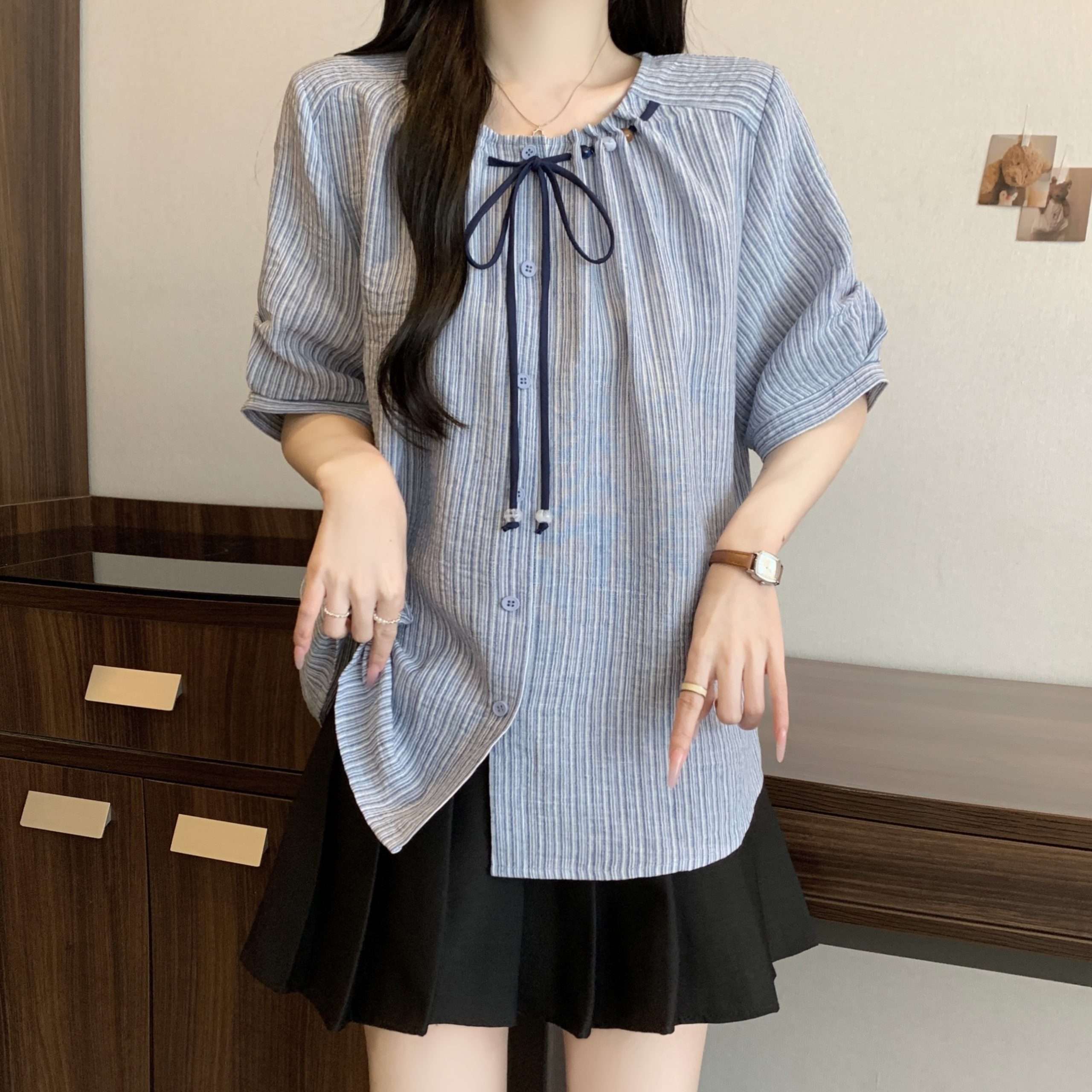 Plus Size Women's Summer Bow Tie Loose Slimming Blouse Top 2026 - Image 3