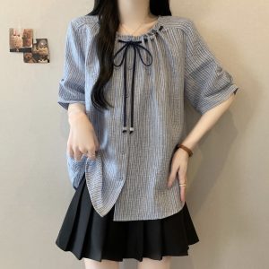 Plus Size Women's Summer Bow Tie Loose Slimming Blouse Top 2026