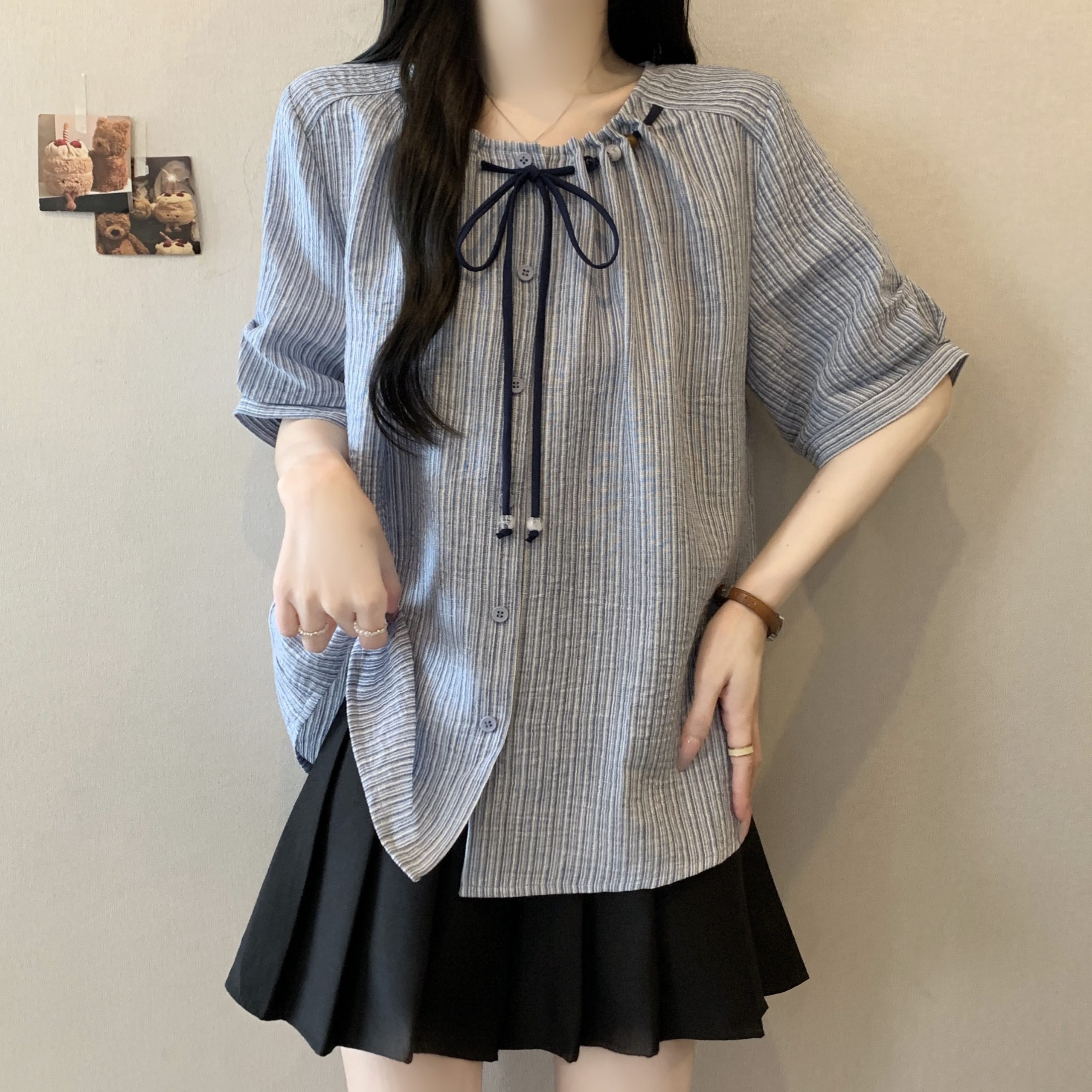 Plus Size Women's Summer Bow Tie Loose Slimming Blouse Top 2026