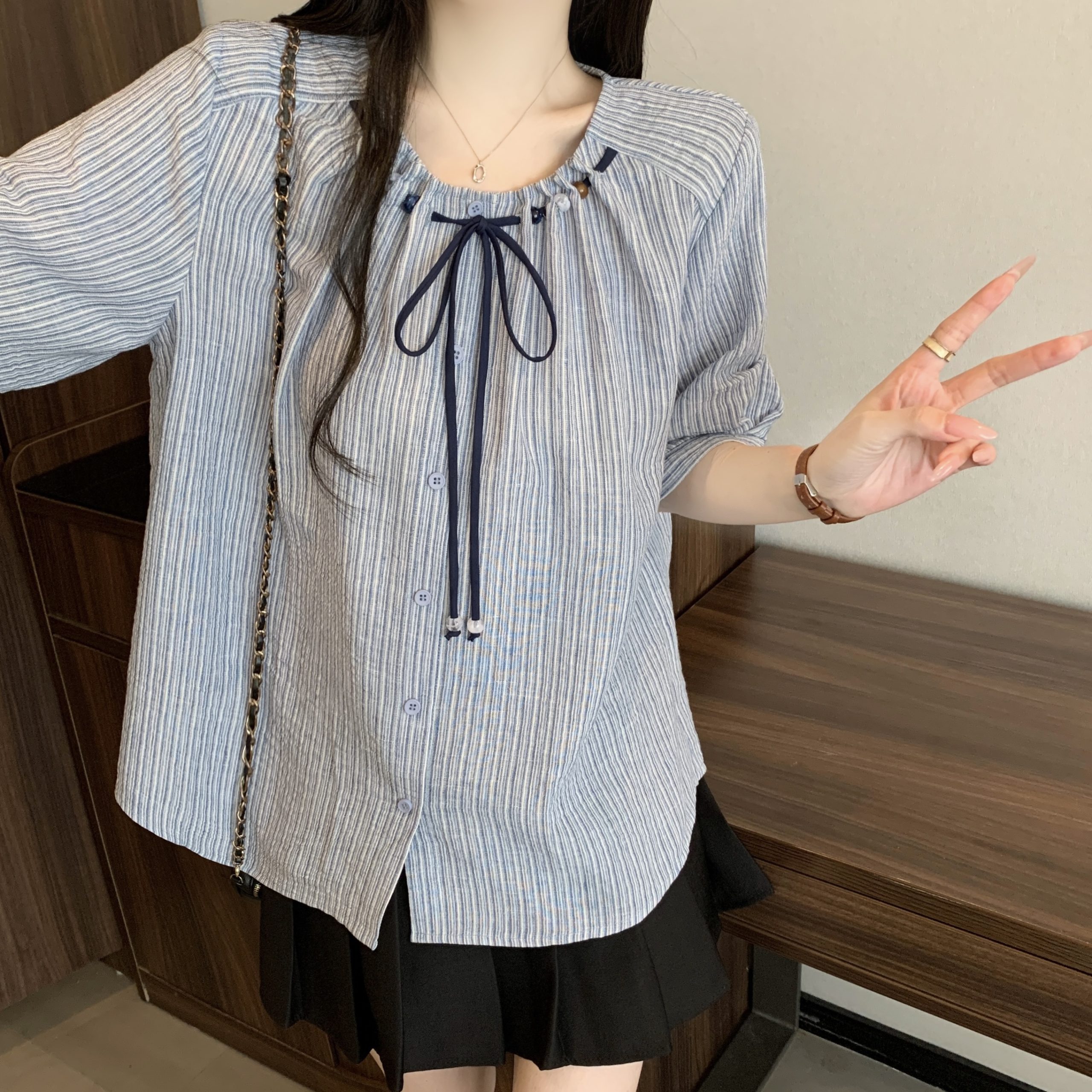 Plus Size Women's Summer Bow Tie Loose Slimming Blouse Top 2026 - Image 5