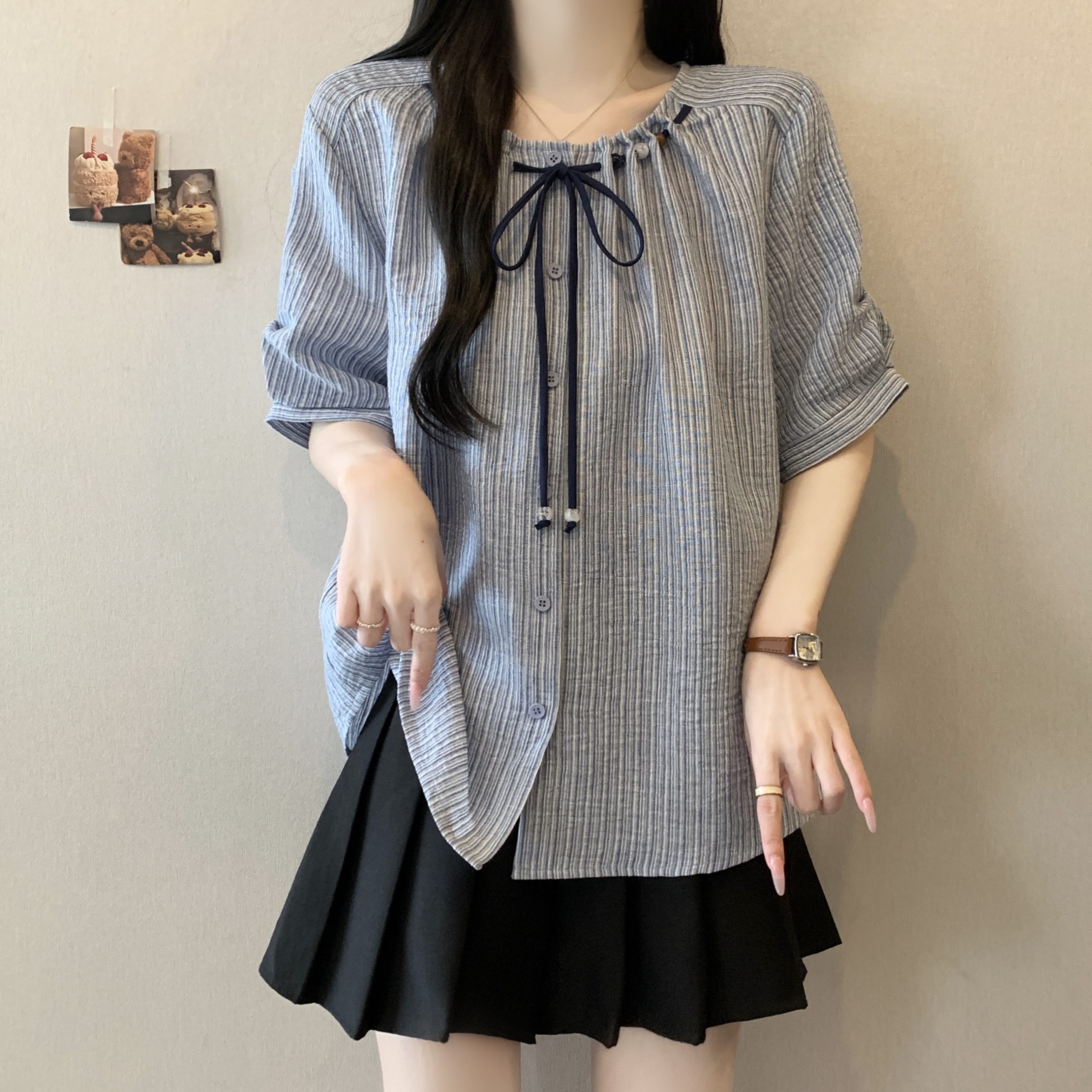 Plus Size Women's Summer Bow Tie Loose Slimming Blouse Top 2026 - Image 2