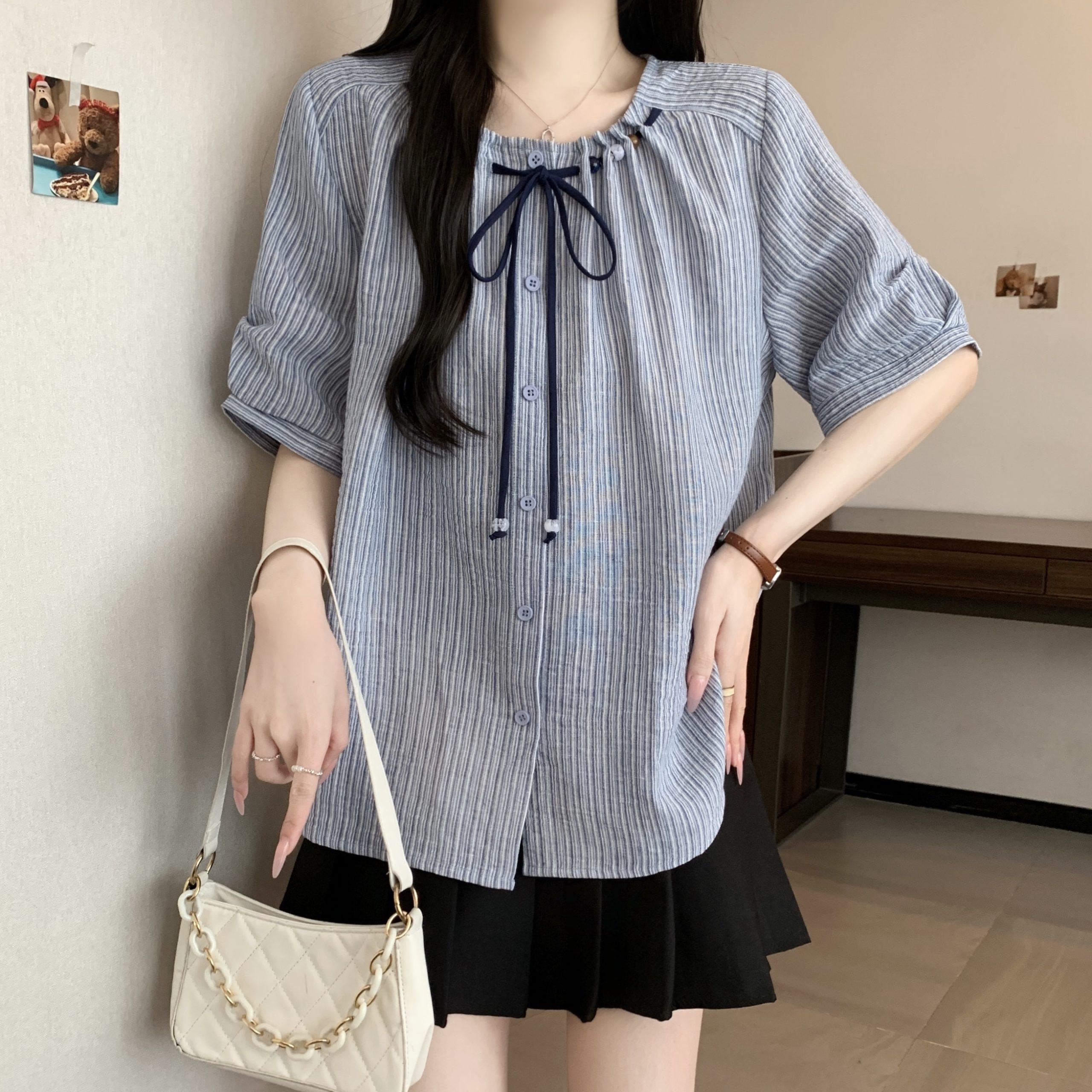 Plus Size Women's Summer Bow Tie Loose Slimming Blouse Top 2026 - Image 4