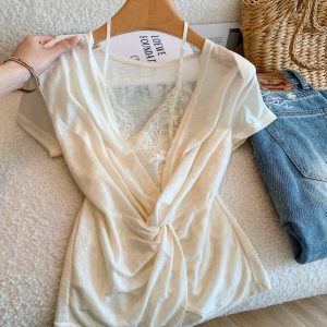 Women's Lace Panel V-Neck Cross Draped Slim Fit Sexy Top Summer French Style
