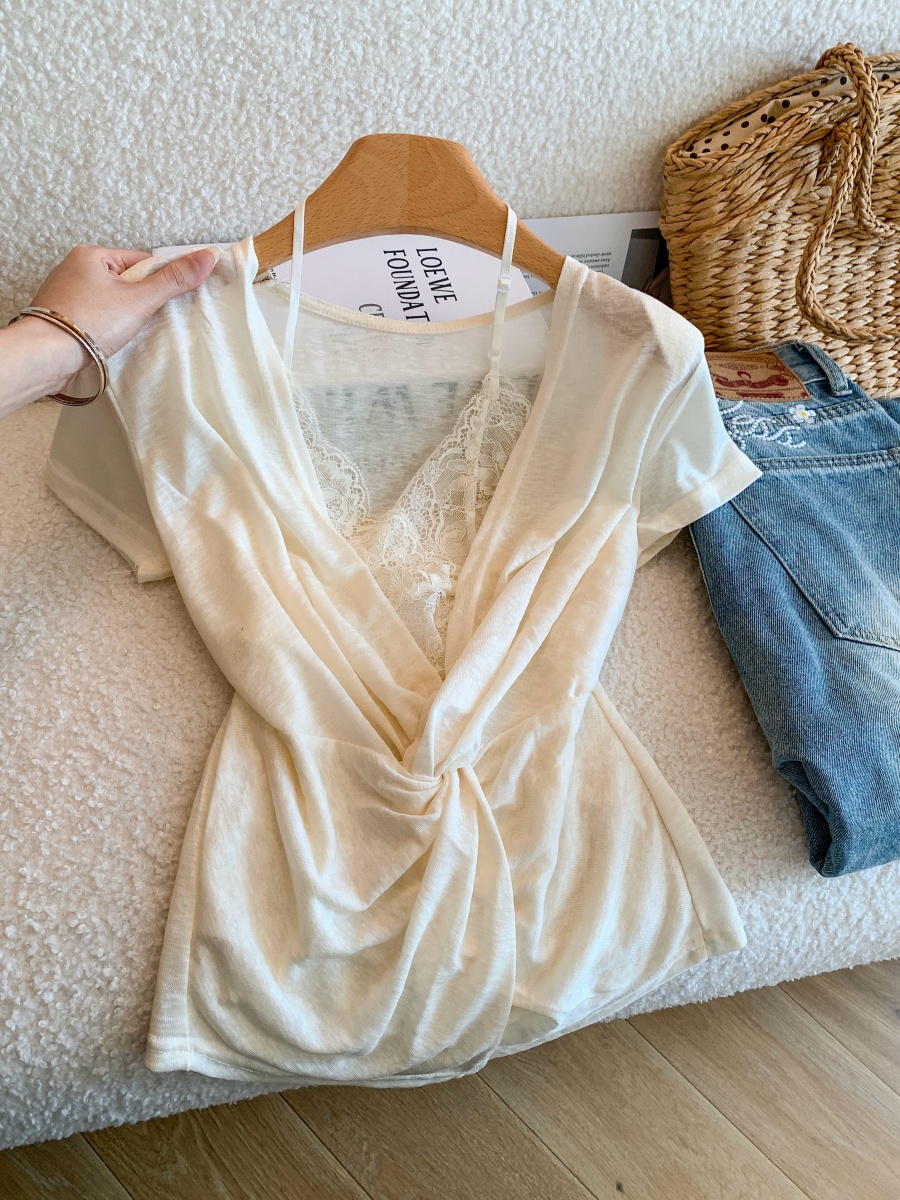 Women's Lace Panel V-Neck Cross Draped Slim Fit Sexy Top Summer French Style