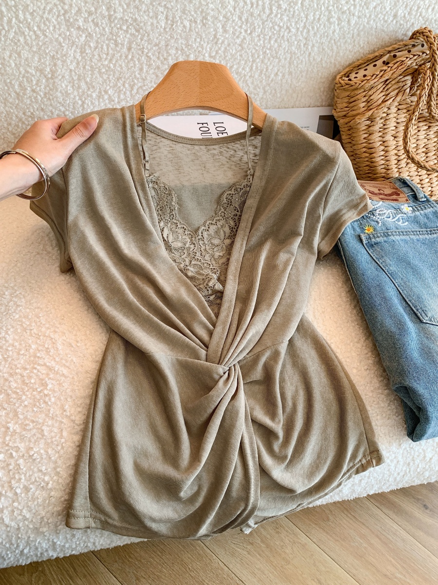 Women's Lace Panel V-Neck Cross Draped Slim Fit Sexy Top Summer French Style - Image 2