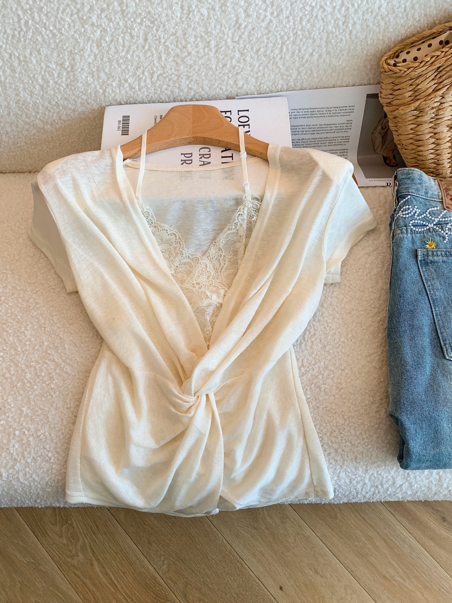 Women's Lace Panel V-Neck Cross Draped Slim Fit Sexy Top Summer French Style - Image 3