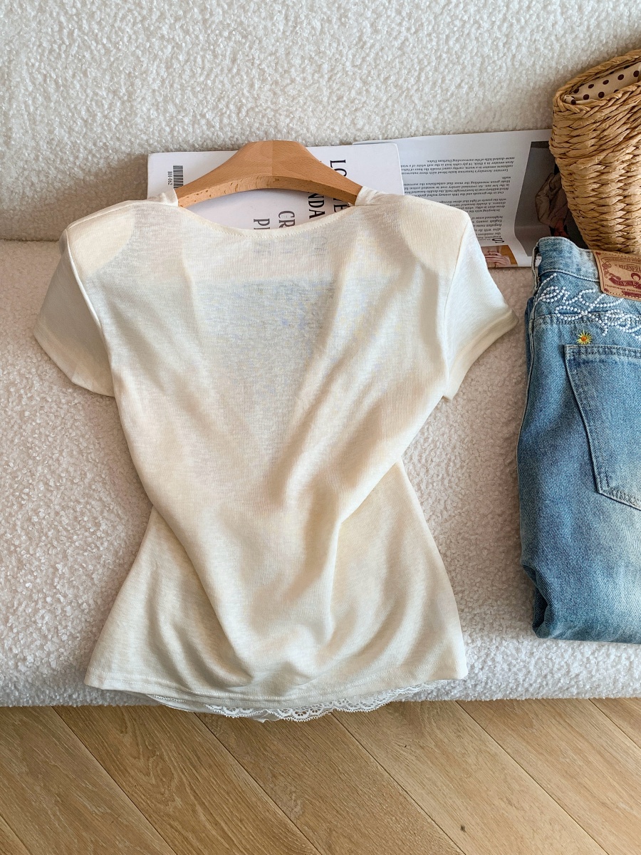 Women's Lace Panel V-Neck Cross Draped Slim Fit Sexy Top Summer French Style - Image 4