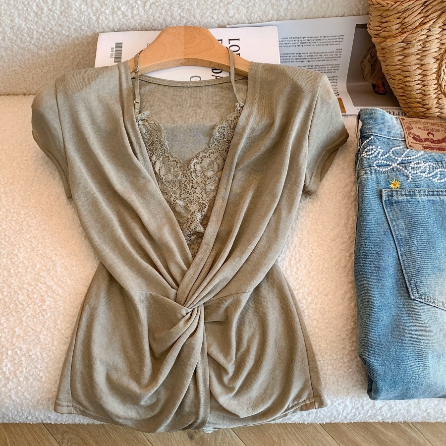 Women's Lace Panel V-Neck Cross Draped Slim Fit Sexy Top Summer French Style - Image 5