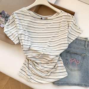 Women's Off-Shoulder Short Sleeve T-Shirt Summer Korean Style Pleated Slimming Top - Style 79d379