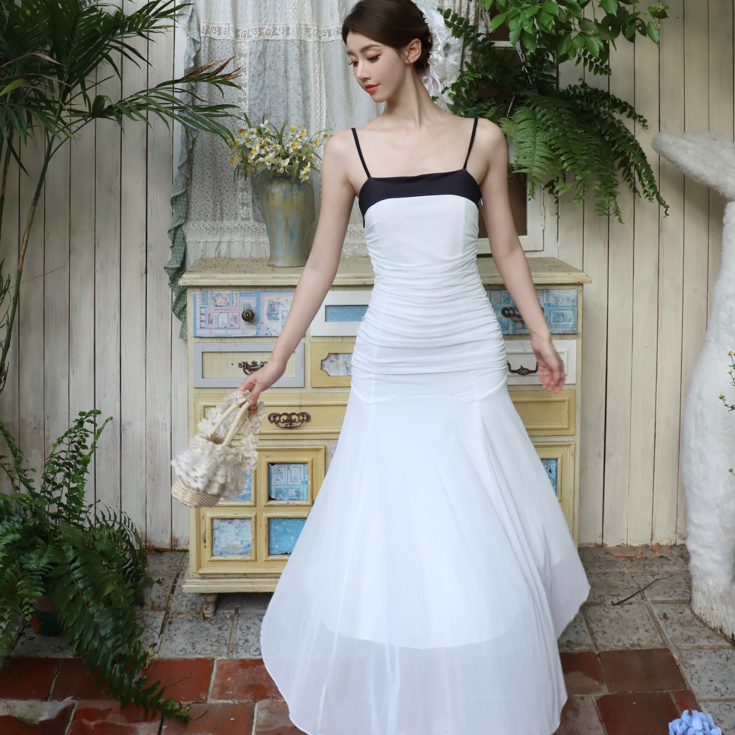 Black and White Color Block Mesh Strapless Two-Way Summer Dress
