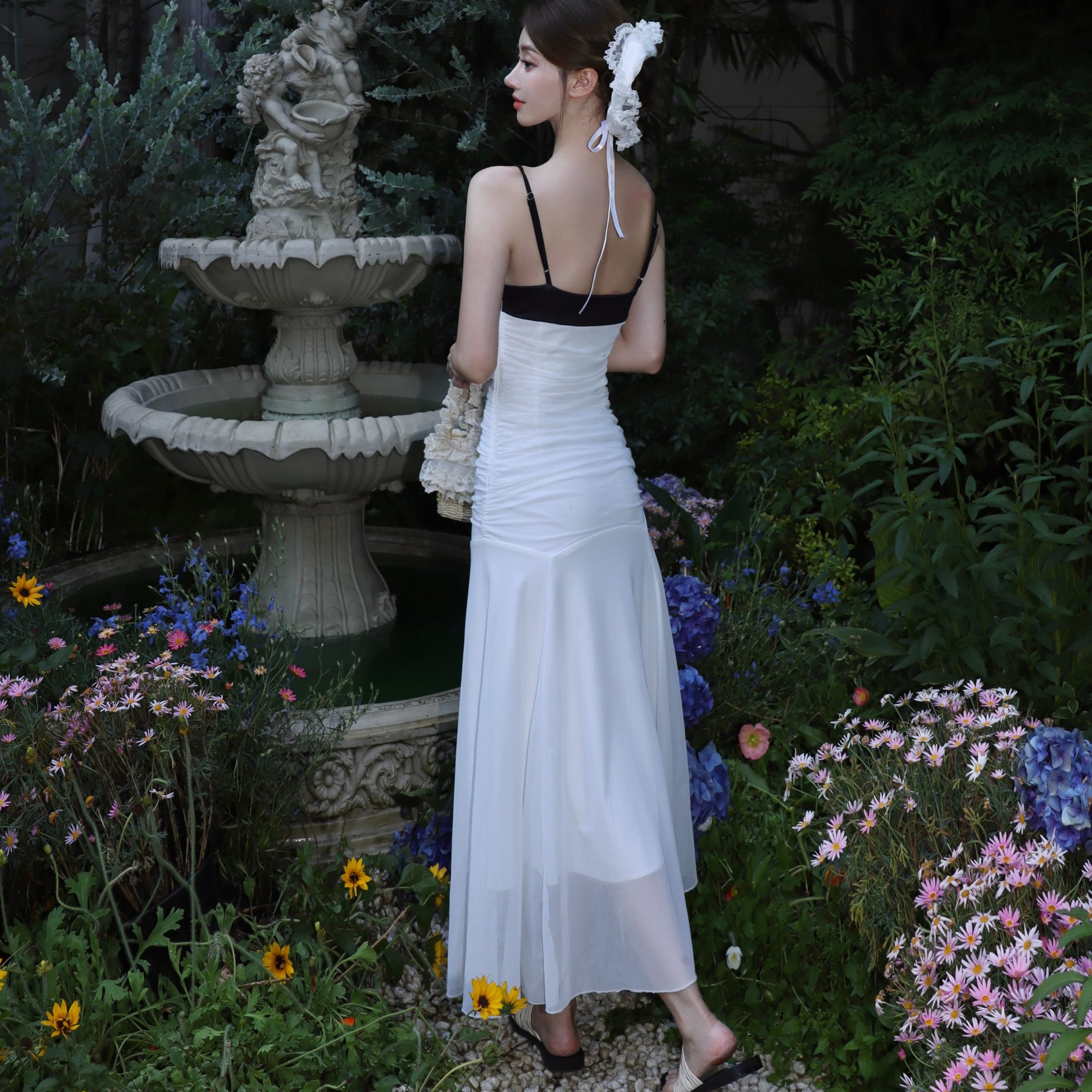 Black and White Color Block Mesh Strapless Two-Way Summer Dress - Image 3