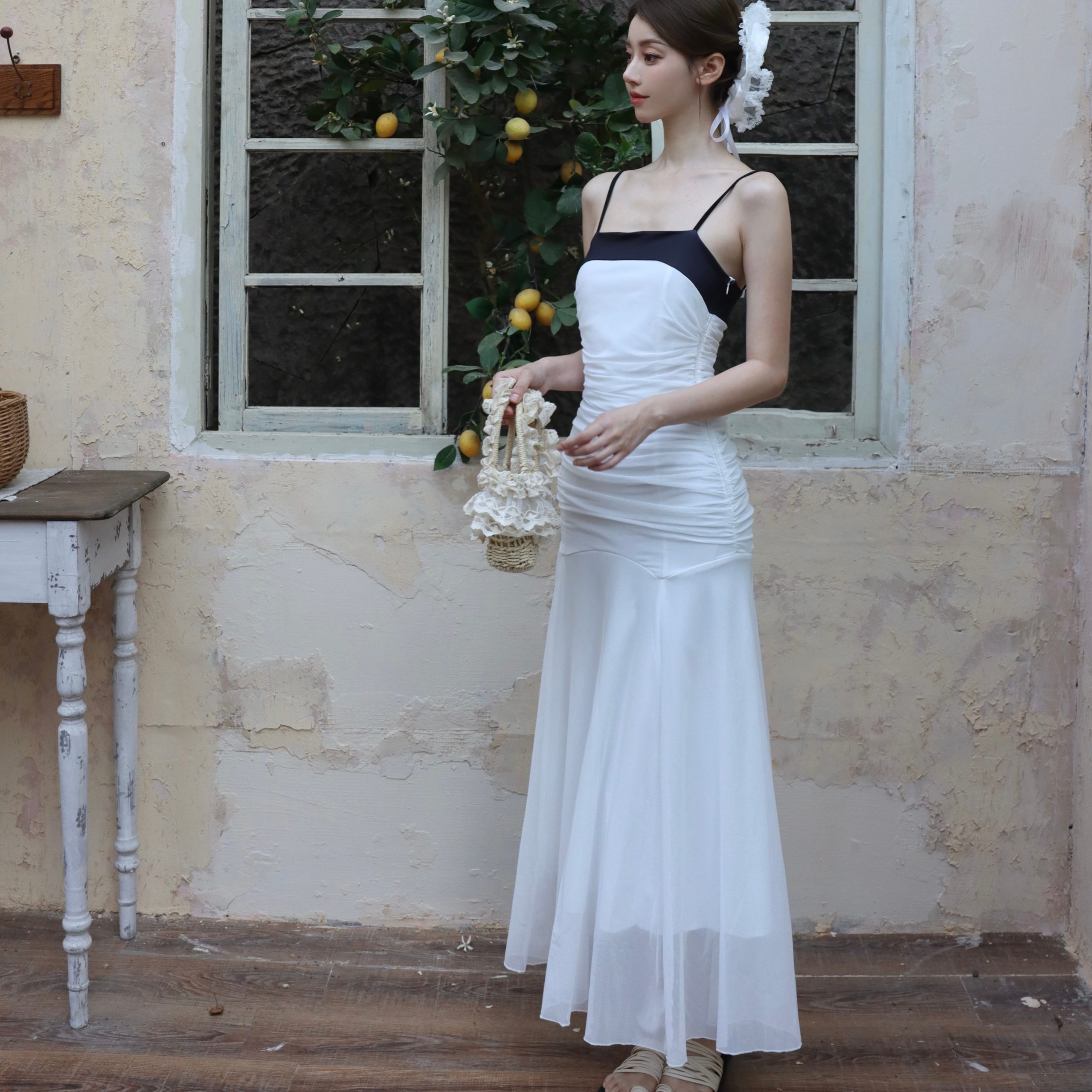 Black and White Color Block Mesh Strapless Two-Way Summer Dress - Image 4