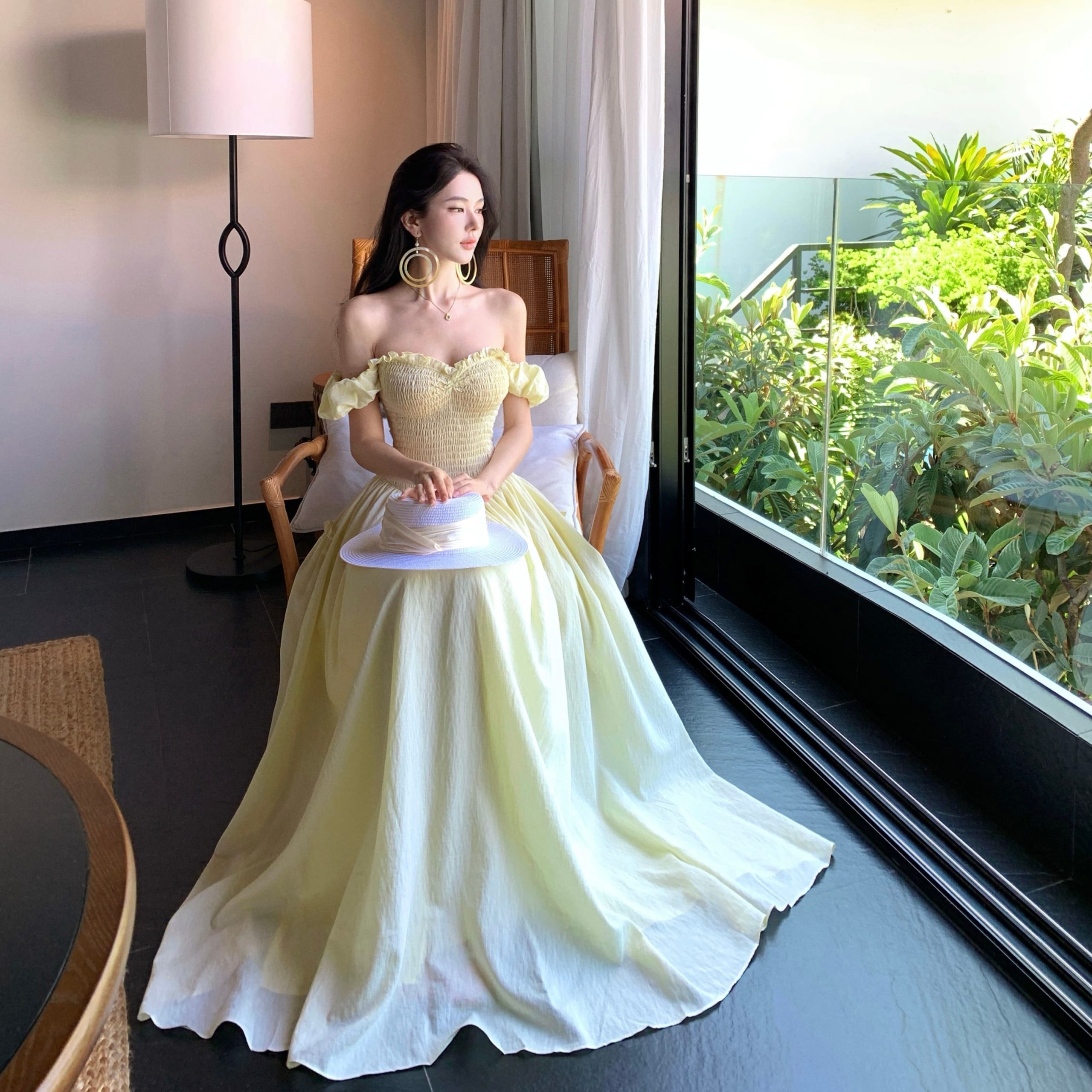 French Puff Sleeve Yellow Off-Shoulder Backless Long Dress for Women Summer Vacation