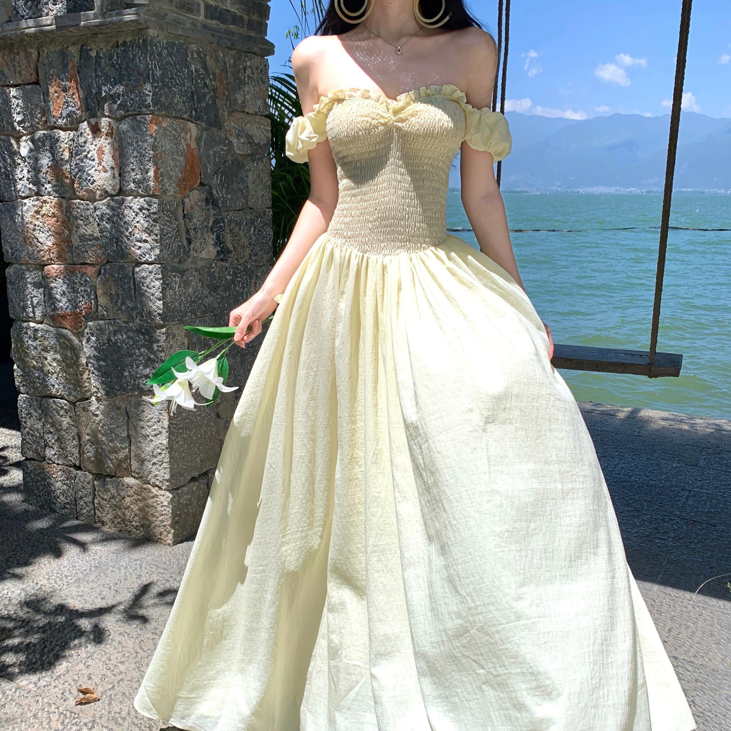 French Puff Sleeve Yellow Off-Shoulder Backless Long Dress for Women Summer Vacation - Image 2