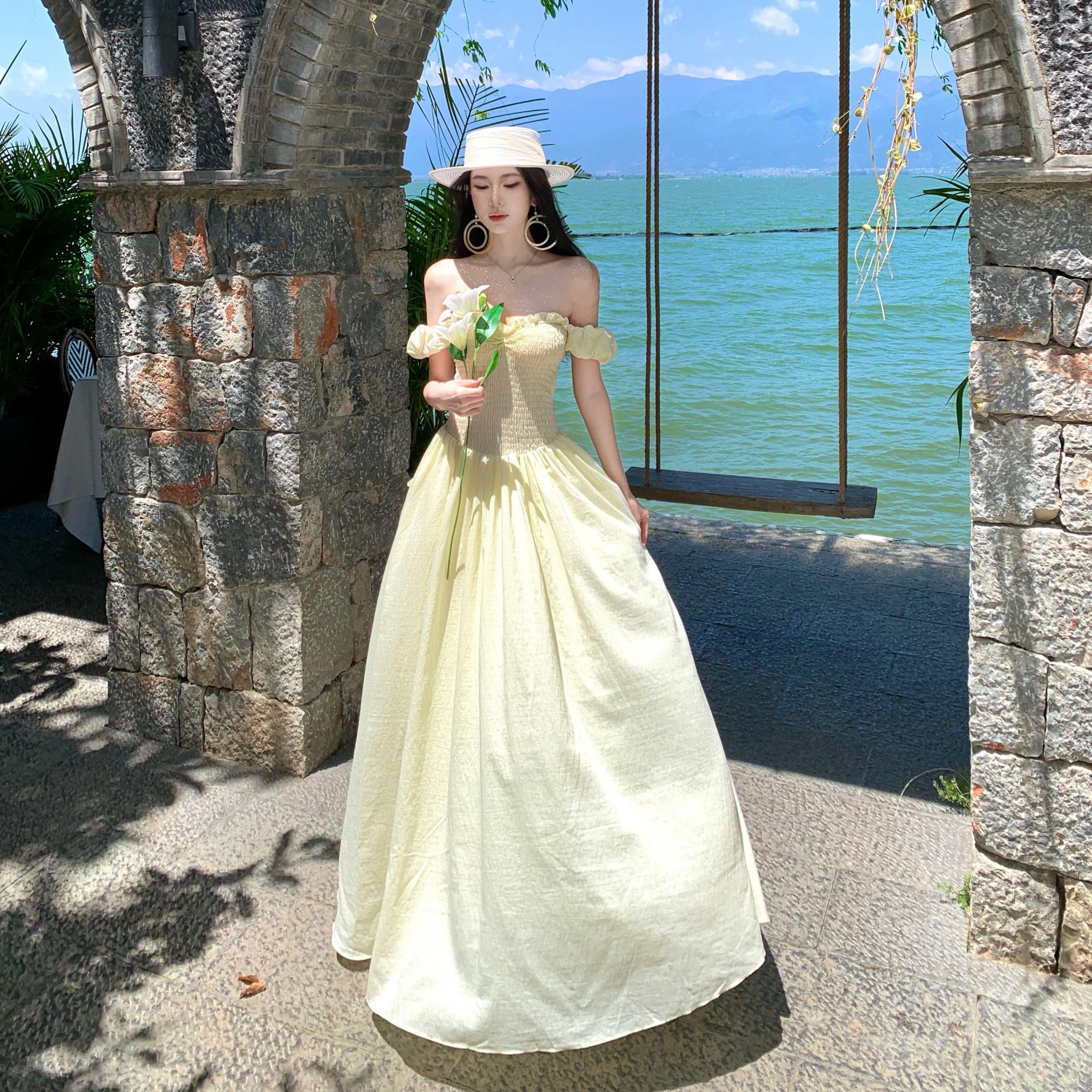 French Puff Sleeve Yellow Off-Shoulder Backless Long Dress for Women Summer Vacation - Image 4