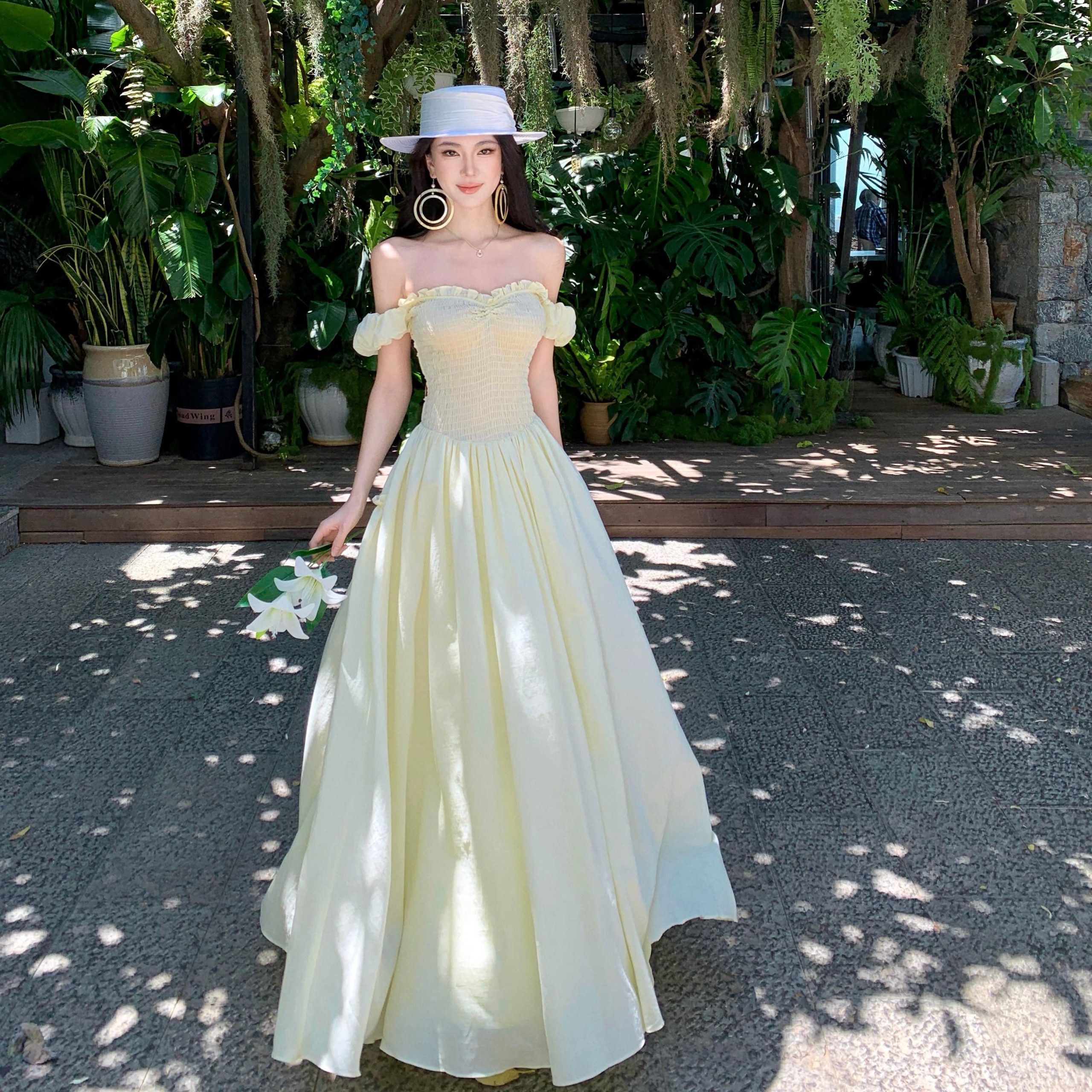 French Puff Sleeve Yellow Off-Shoulder Backless Long Dress for Women Summer Vacation - Image 5