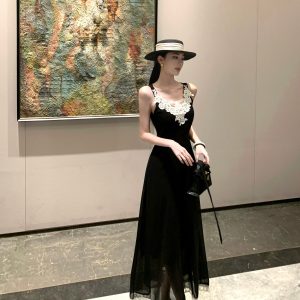 Korean Style Layered Black Lace Cami Dress for Women Summer Long Dress