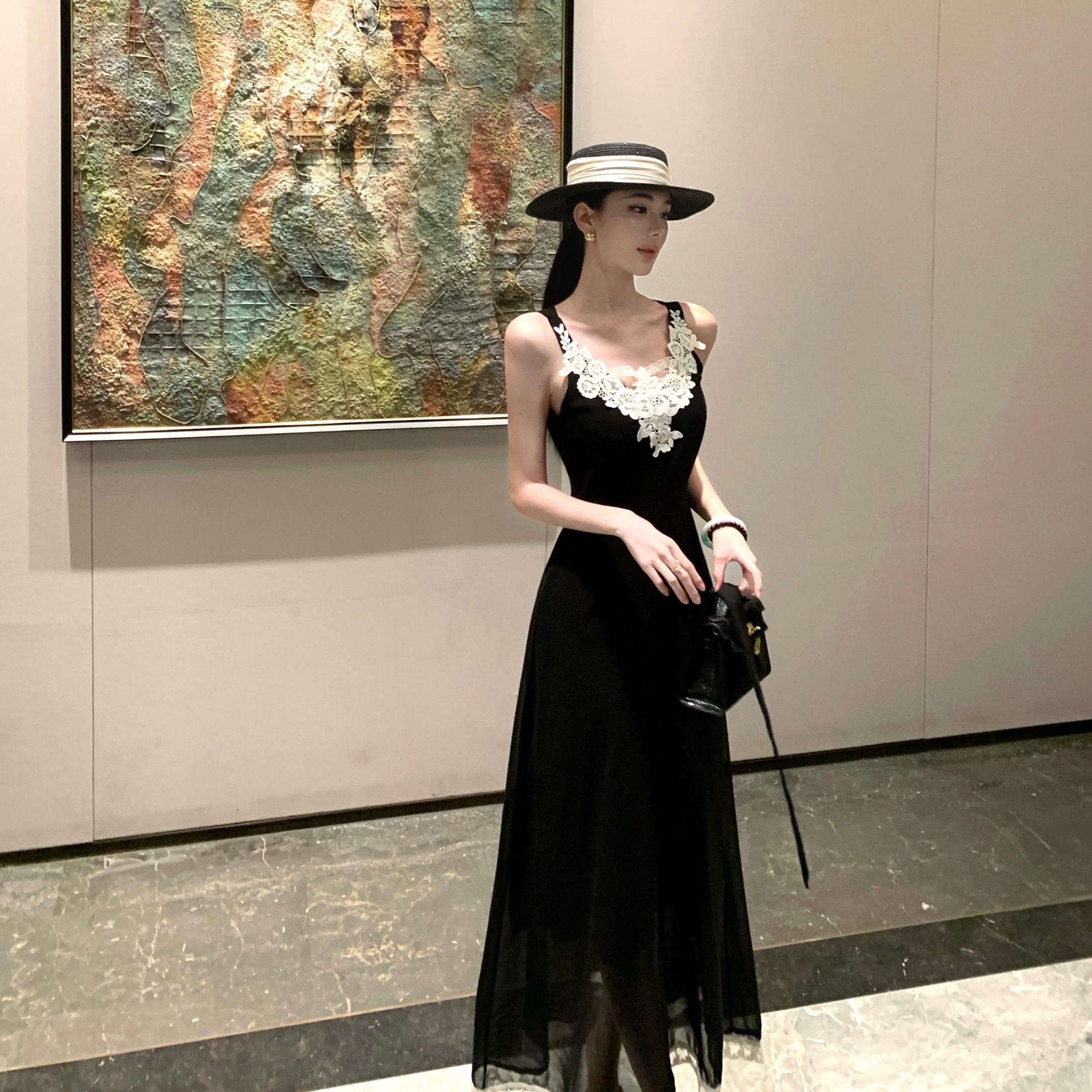 Korean Style Layered Black Lace Cami Dress for Women Summer Long Dress