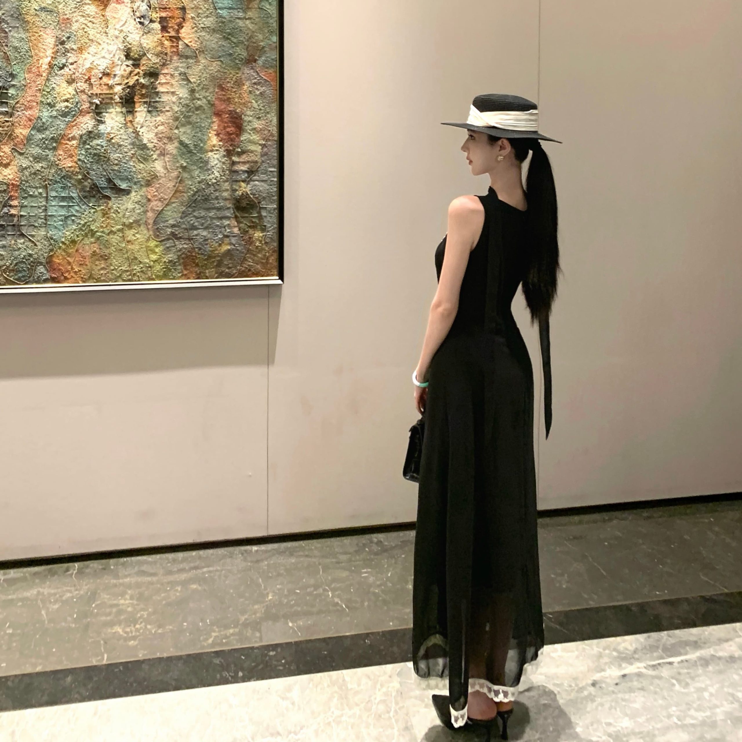Korean Style Layered Black Lace Cami Dress for Women Summer Long Dress - Image 3