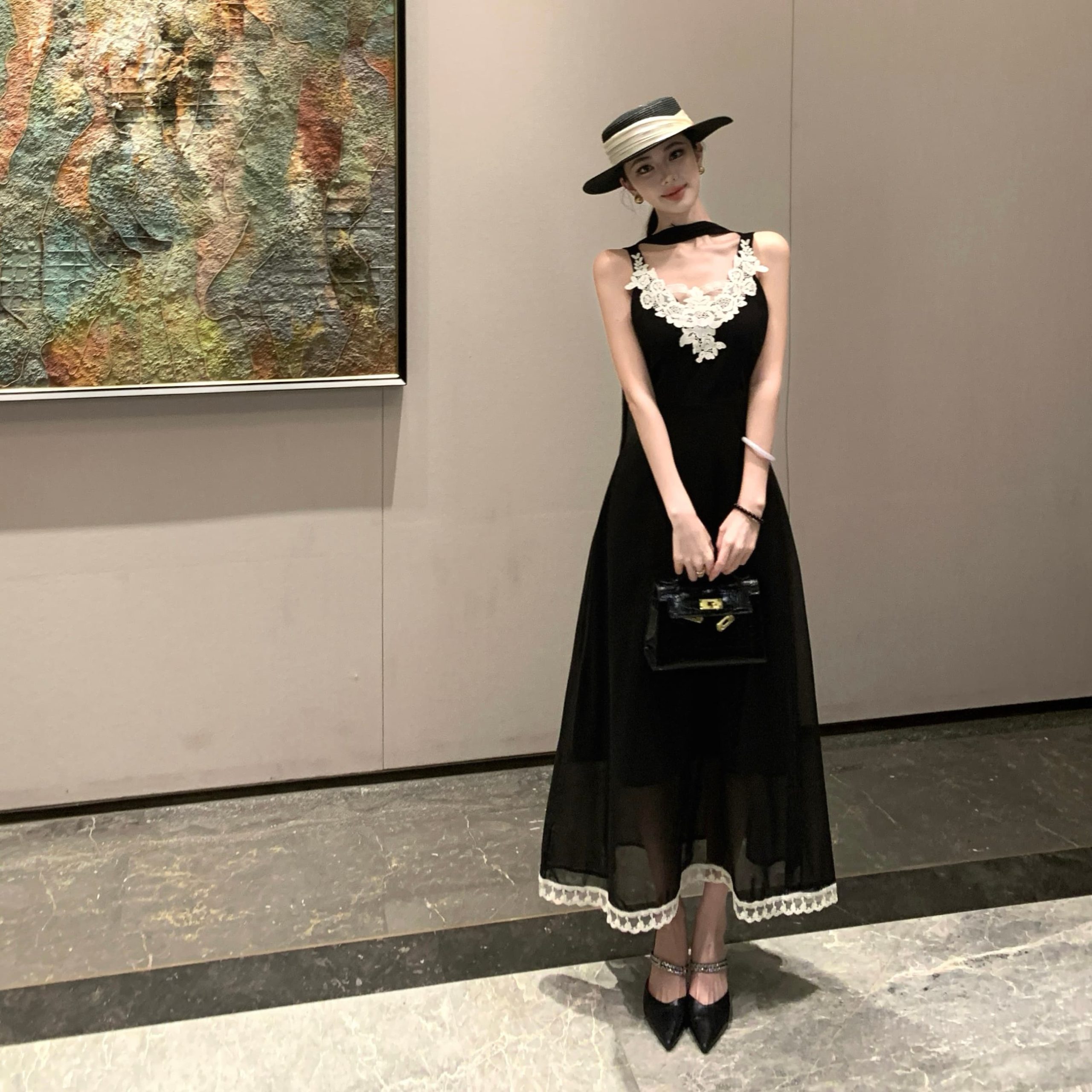 Korean Style Layered Black Lace Cami Dress for Women Summer Long Dress - Image 5