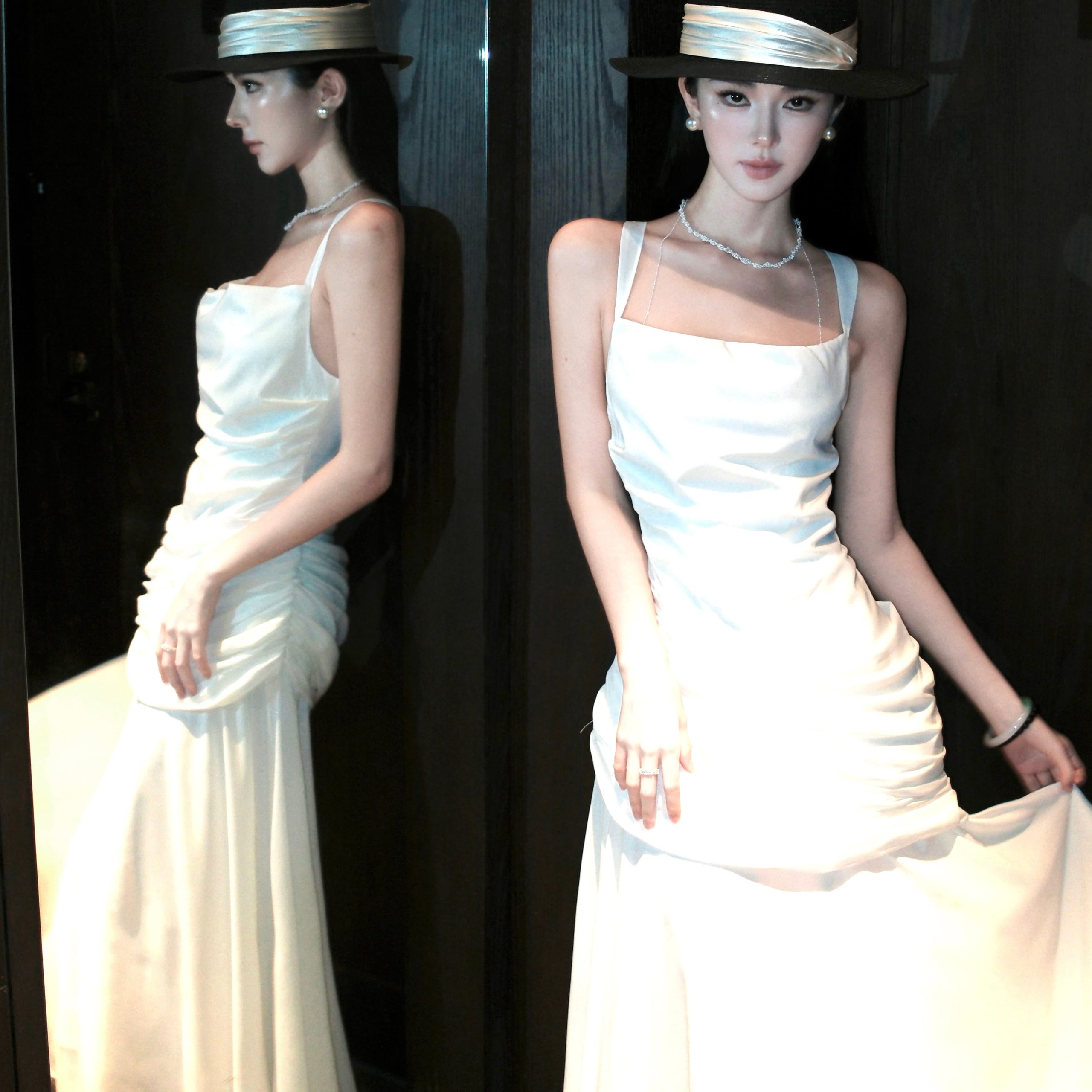 Elegant White Sleeveless Halter French Dress Summer Long Gown - Image 2
