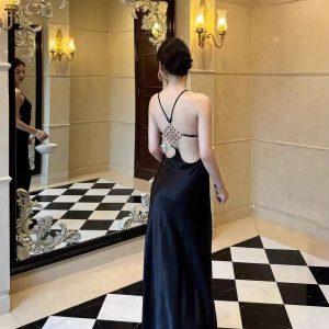 French Style Rhinestone Studded Acetate Halter Dress Slimming Shimmer Satin Evening Gown