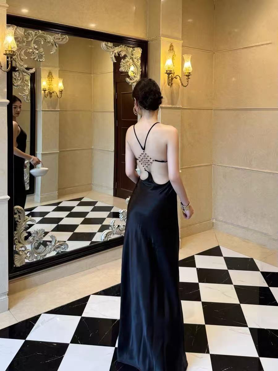French Style Rhinestone Studded Acetate Halter Dress Slimming Shimmer Satin Evening Gown