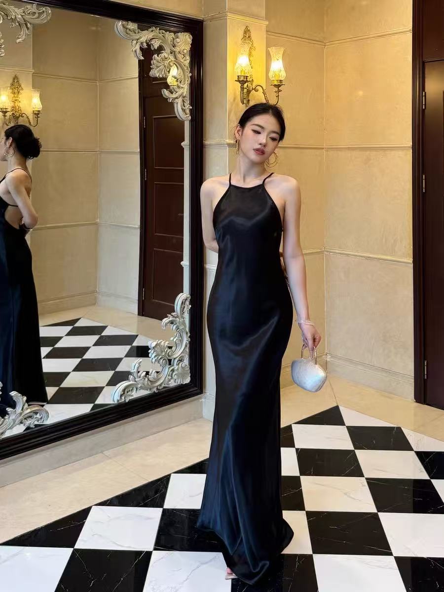 French Style Rhinestone Studded Acetate Halter Dress Slimming Shimmer Satin Evening Gown - Image 2