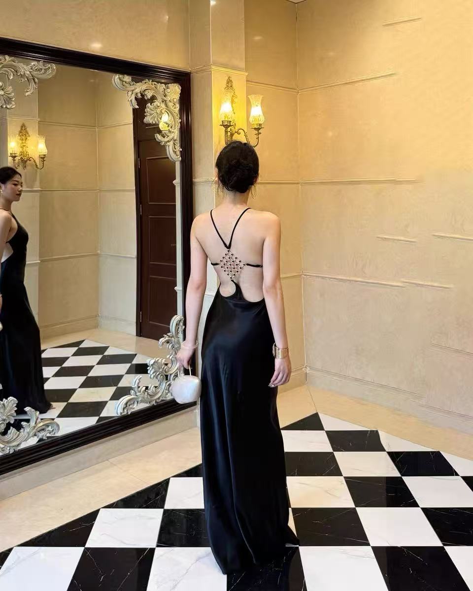 French Style Rhinestone Studded Acetate Halter Dress Slimming Shimmer Satin Evening Gown - Image 3