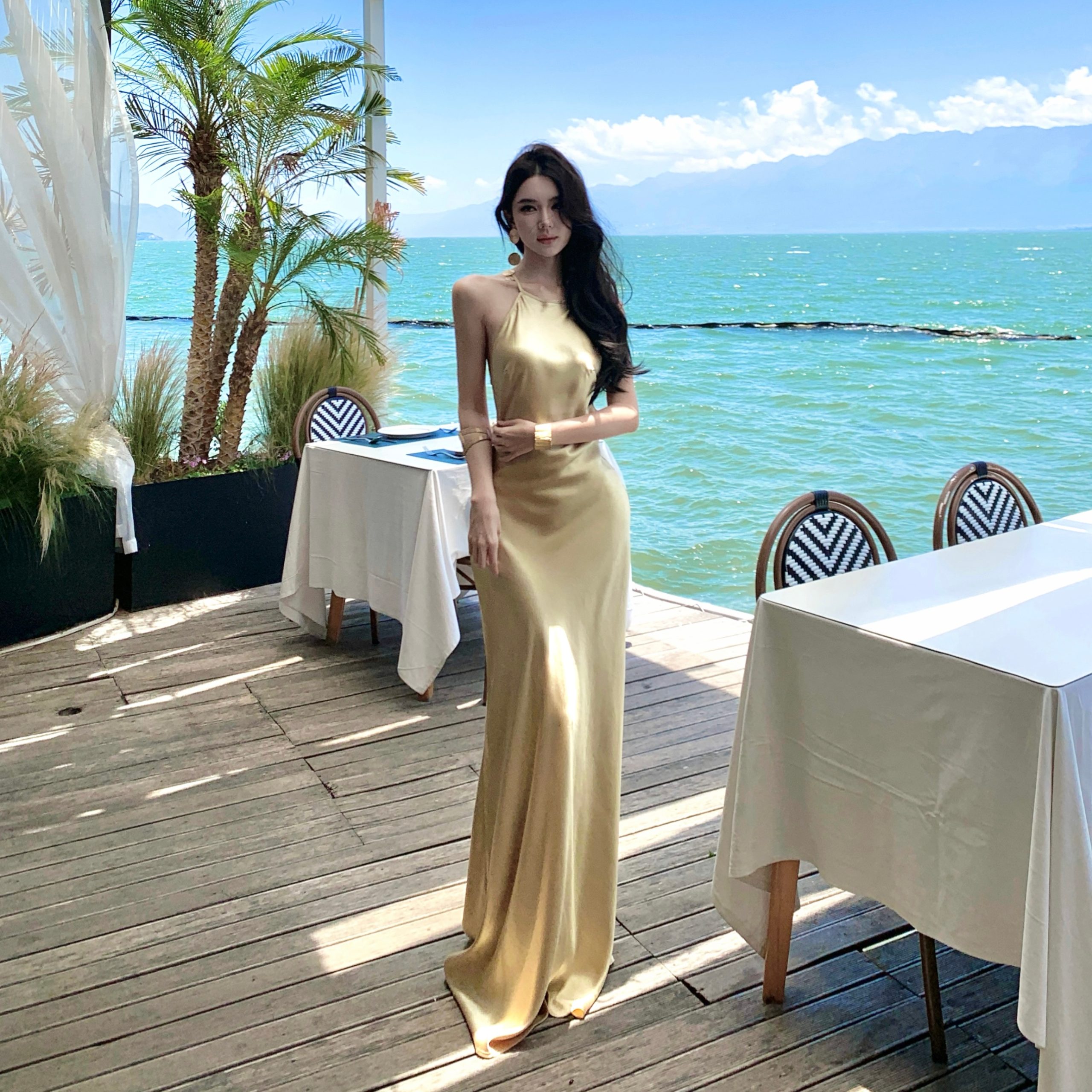 French Style Rhinestone Studded Acetate Halter Dress Slimming Shimmer Satin Evening Gown - Image 5