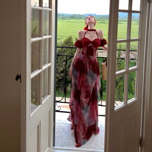 Rose Vacation Style Halter Neck Sleeveless Red Long Dress