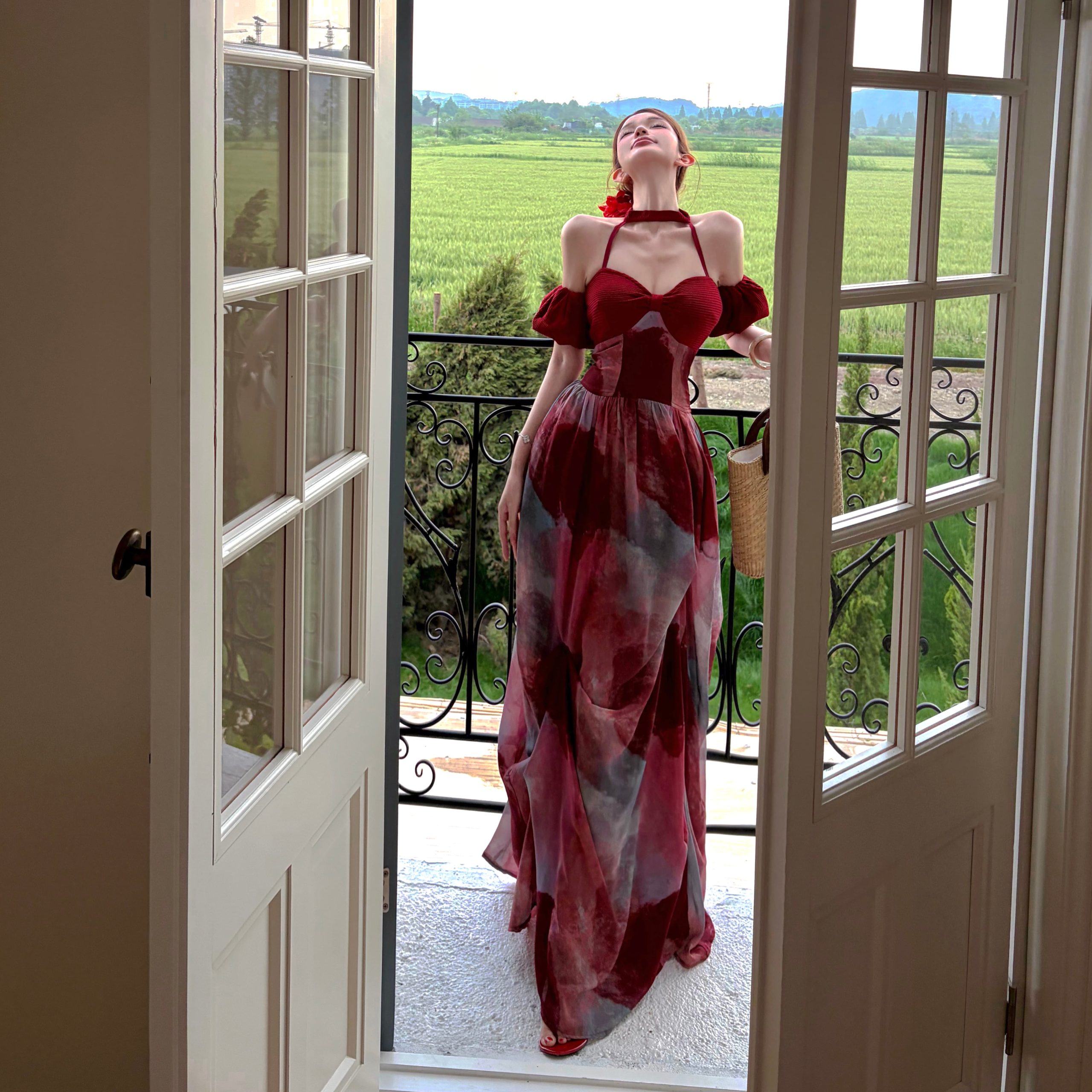 Rose Vacation Style Halter Neck Sleeveless Red Long Dress