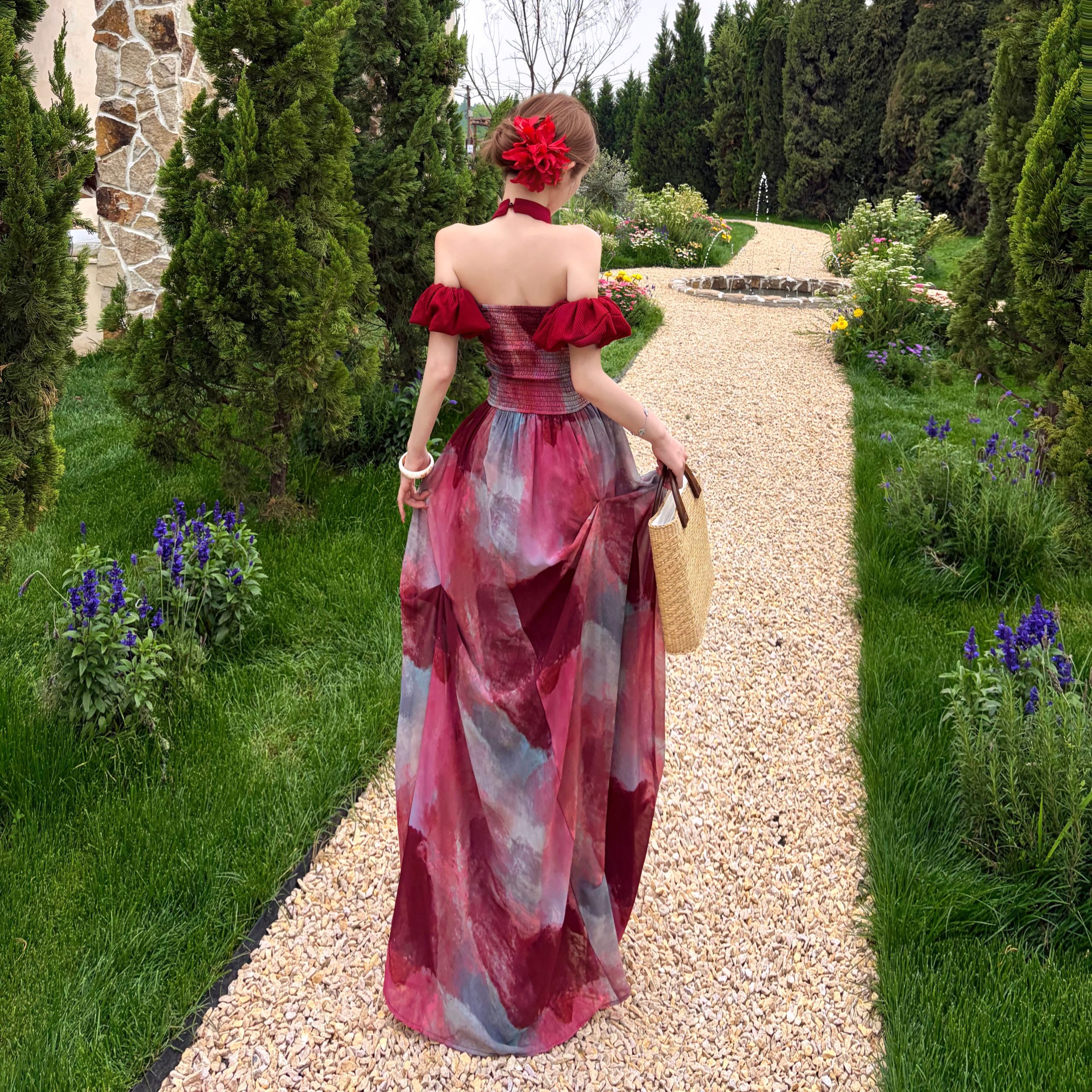 Rose Vacation Style Halter Neck Sleeveless Red Long Dress - Image 3