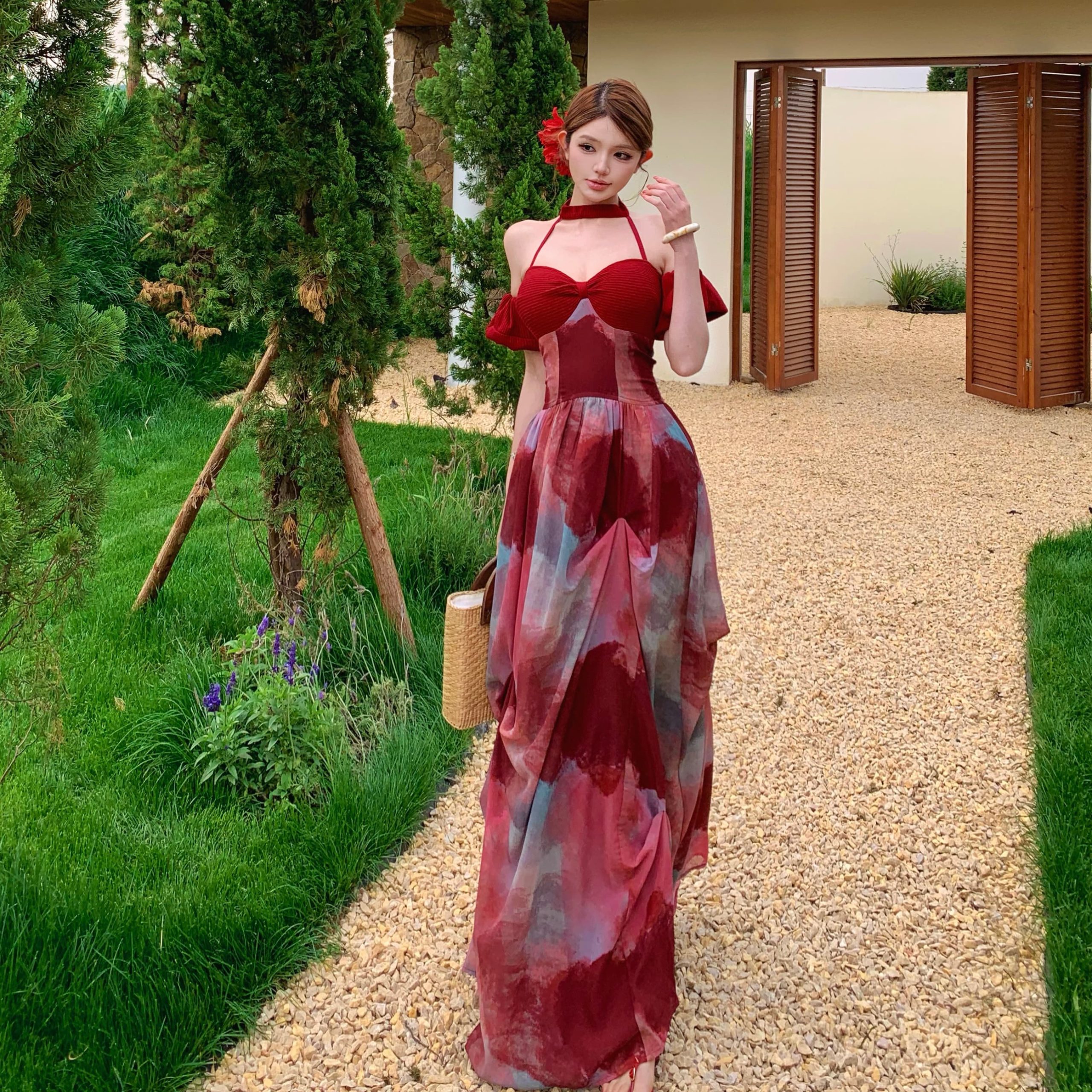 Rose Vacation Style Halter Neck Sleeveless Red Long Dress - Image 2