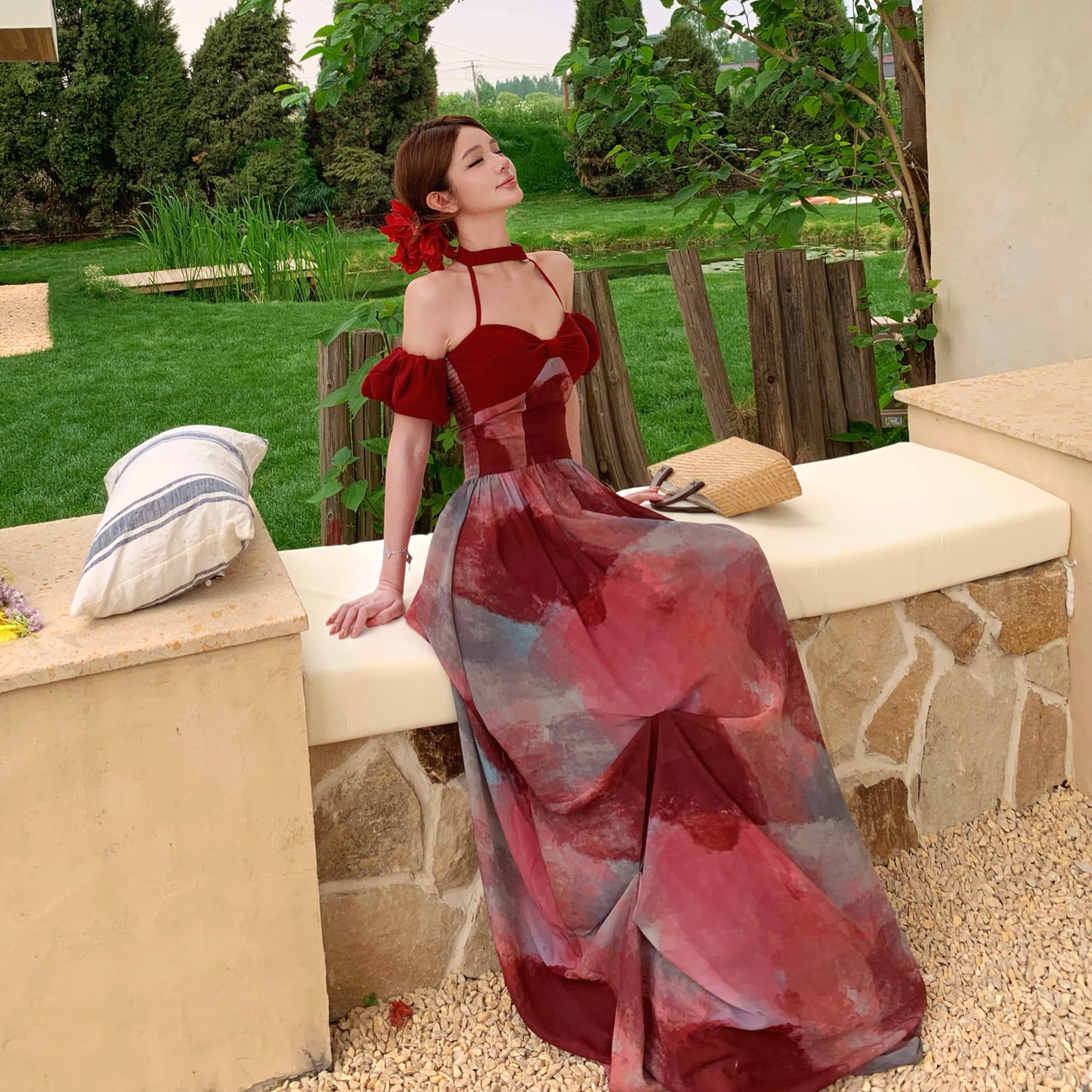 Rose Vacation Style Halter Neck Sleeveless Red Long Dress - Image 4