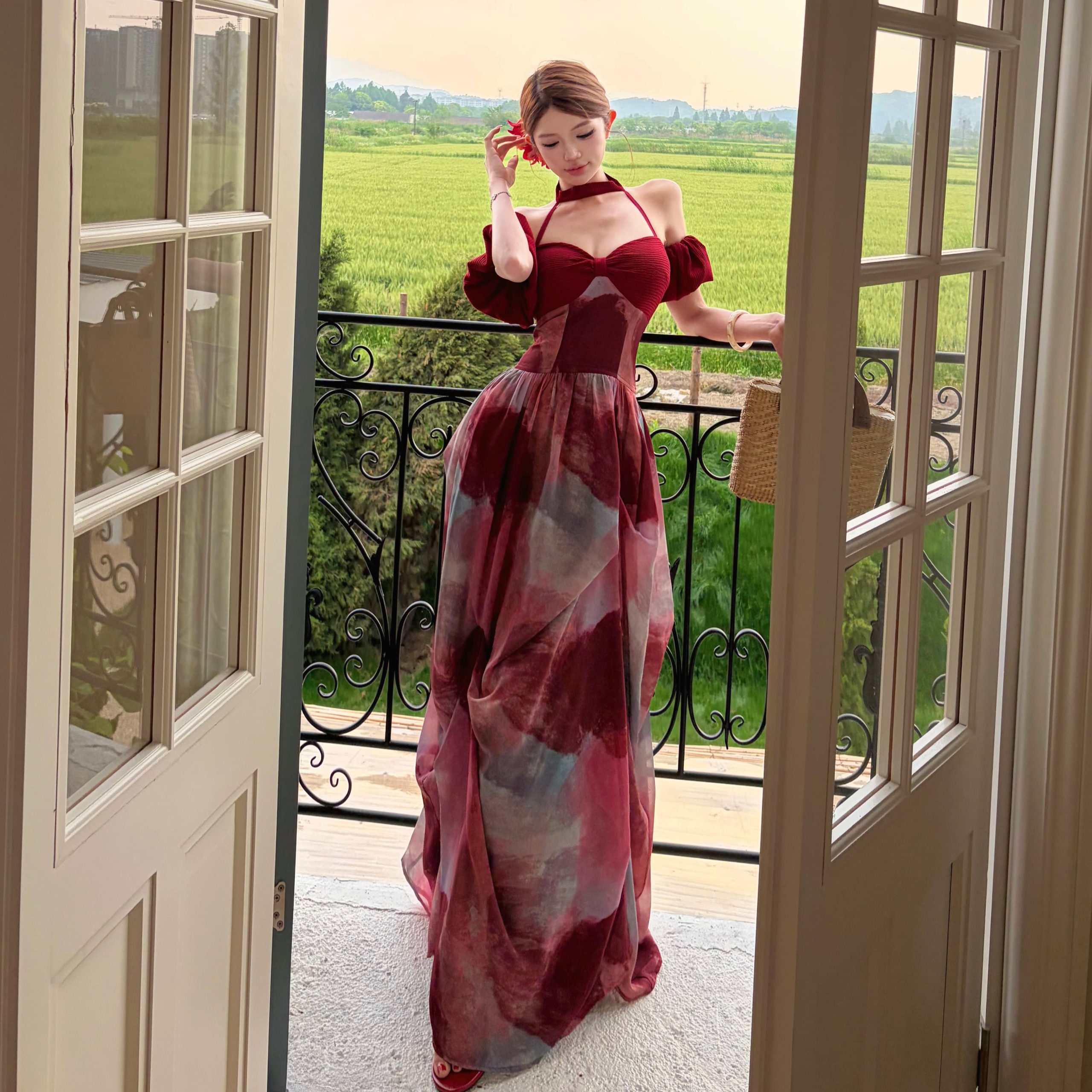 Rose Vacation Style Halter Neck Sleeveless Red Long Dress - Image 5